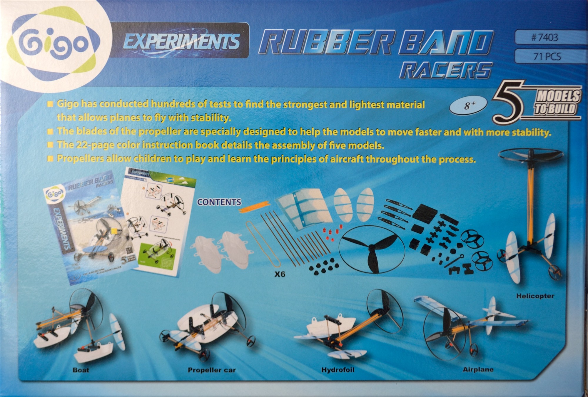 Gigo byggesæt 7403, Elastik racer - bil, båd, fly, helikopter